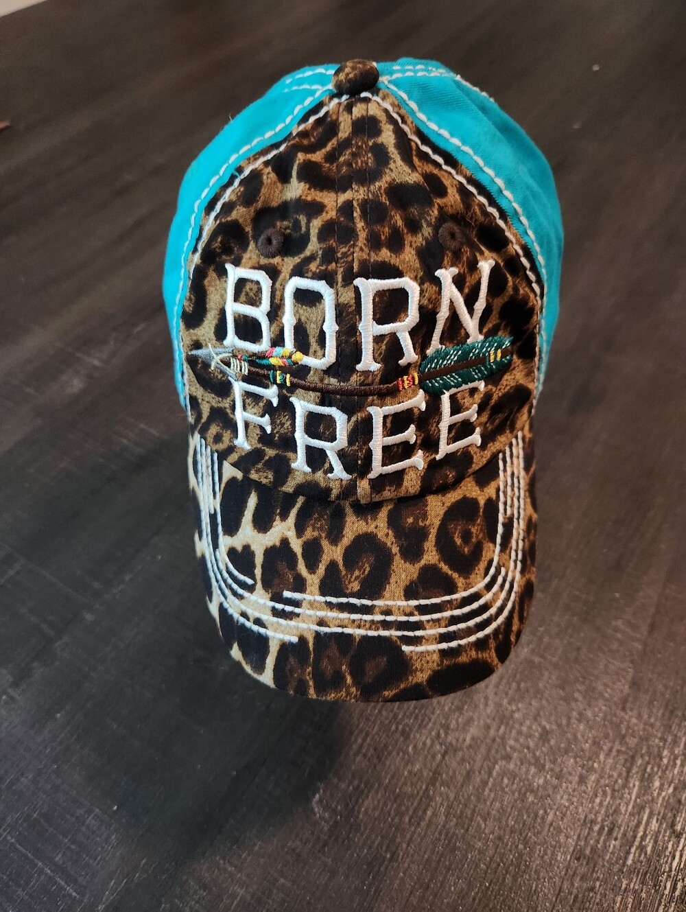 Womens Leopard 'Born Free' Cap with Turquoise Back